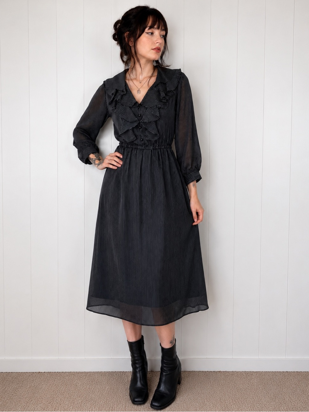 Vintage Amy-Deb Black Pinstripe Ruffle Midi Dress Size 12 vintage
